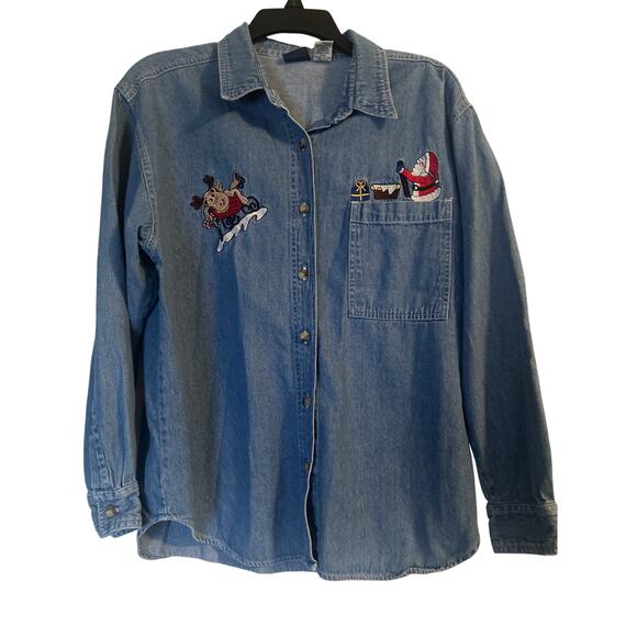 GUC Vintage Honors Blue Denim Christmas Shirt Button Front Embroidery Size Med - Picture 1 of 5